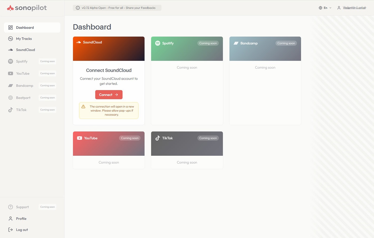 Dashboard avec bouton Connecter SoundCloud