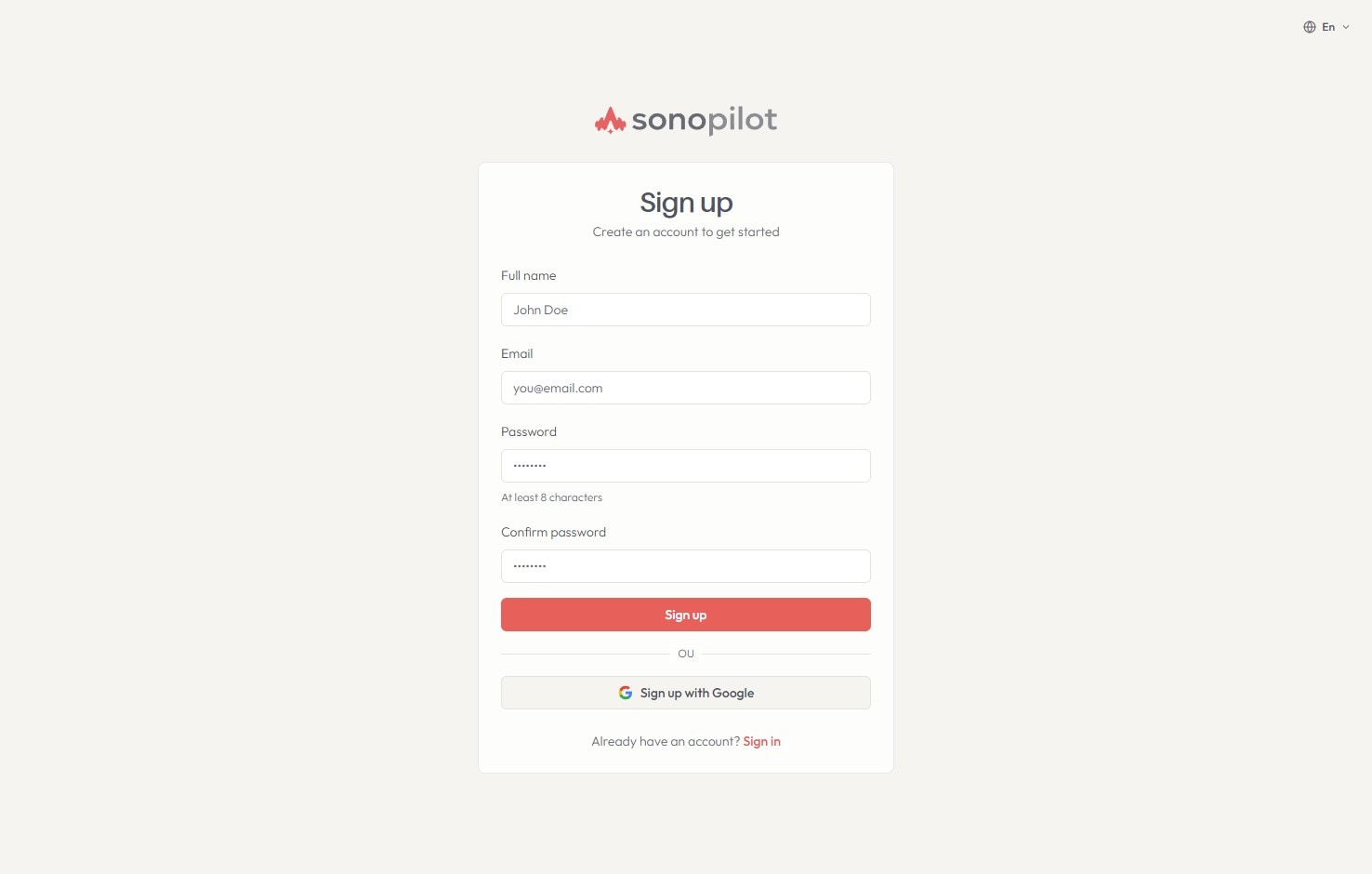 Écran d'inscription Sonopilot