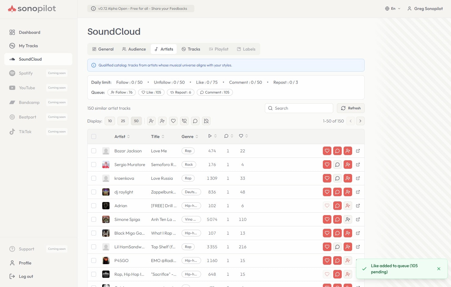 Sonopilot — artistes similaires détectés avec actions like, comment, follow