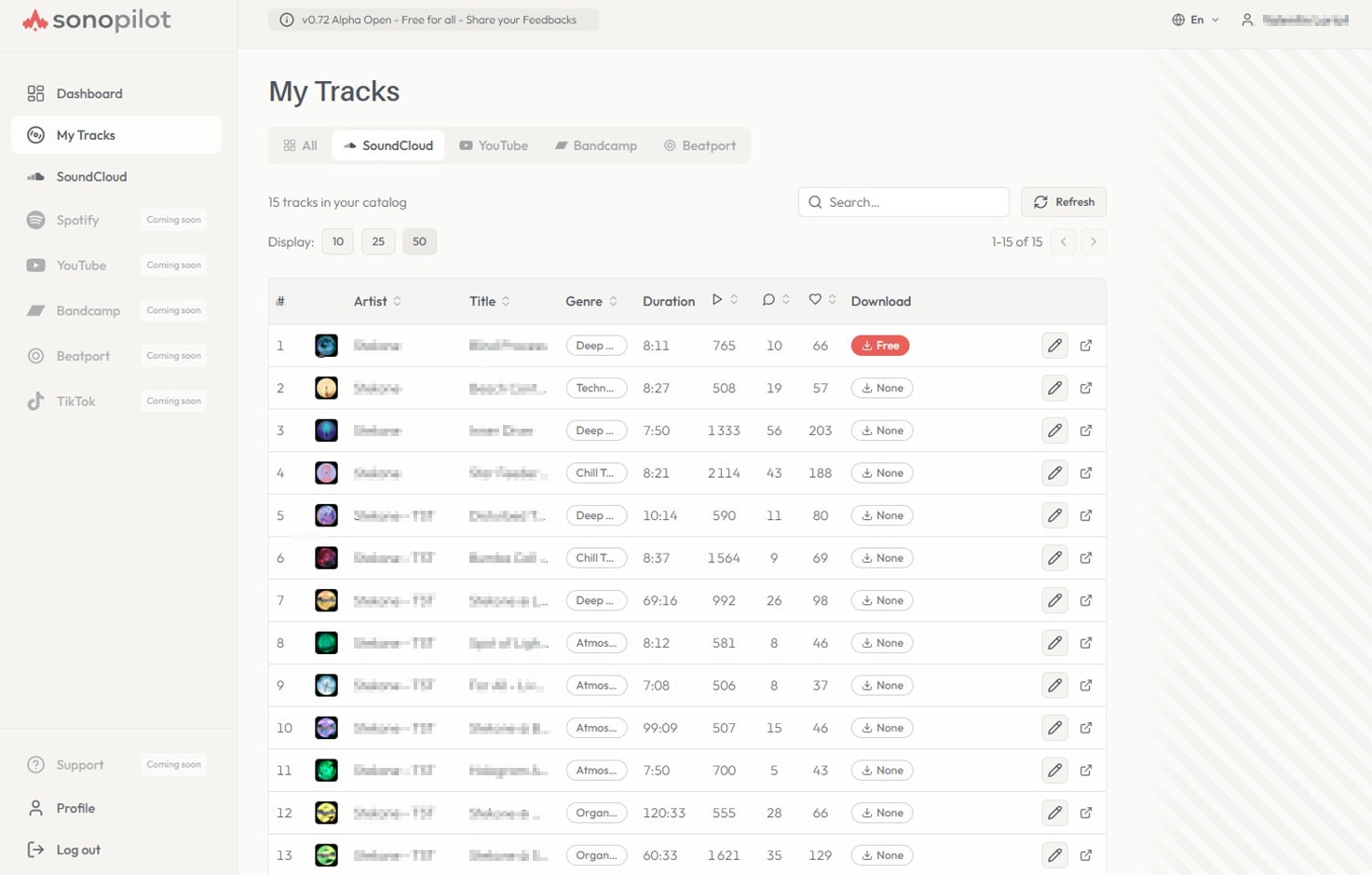 Page Mes Titres — catalogue SoundCloud avec plays, likes, commentaires